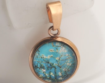 Rose gold flower pendant, blue, turquoise, white, 10 mm stainless steel