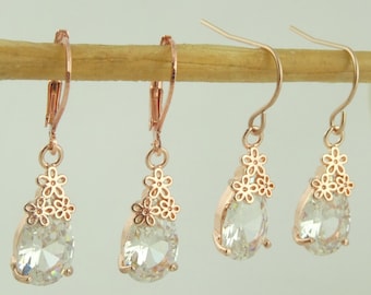 Earrings drop rose gold crystal flower stainless steel ear hooks