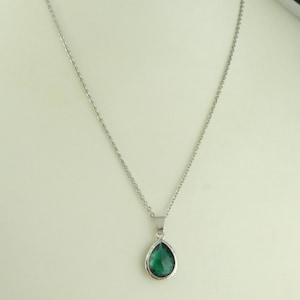 Chain Necklace Silver Green Emerald Drop Stainless Steel
