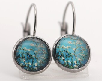 Earrings earrings silver flower blue turquoise white 10 mm stainless steel