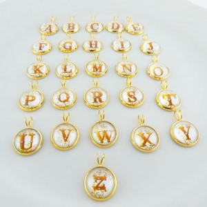 Cabochon pendant gold-white letters initial round 12mm,round pendant