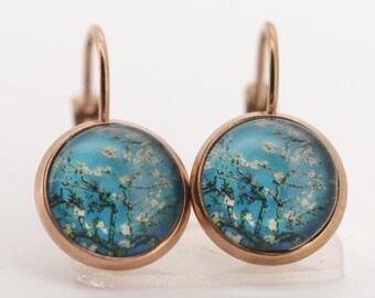 Earrings, drop earrings, rose gold, flower, blue, turquoise, white, 10 mm, stainless steel