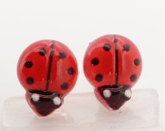 Stud earrings, gold, red, black, ladybug, stainless steel