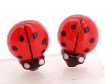 Stud earrings, plastic, red and black, ladybug