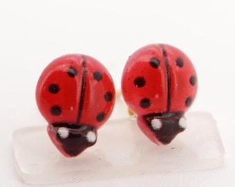 Stud earrings, silver, red, black, ladybug, stainless steel