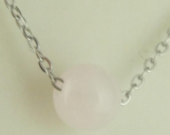 Chain necklace silver pink rose quartz 8 mm stainless steel