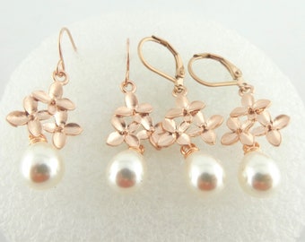 Earrings rose gold-white flowers blossoms pearl stainless steel earwires-leverback