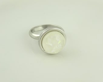 Cabochon ring rings silver-white opal round 12mm stainless steel minimalist