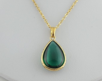 Kette Halskette Gold Grün Emerald mit Anhänger Tropfen Kristall Edelstahl,Hochzeitsschmuck