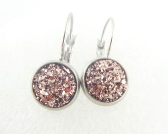 Cabochon Ohrringe Ohrhänger Silber Rosegold Faux Druzy rund minimalistisch 10mm Edelstahl