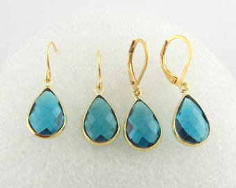 Earrings gold blue dark cyan drops crystal minimalist stainless steel leverback-earwires