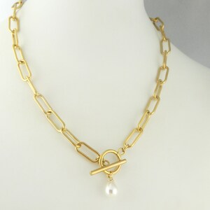 Link Chain Necklace Gold White Pearl Drop Toggle Clasp Large Linked Stainless Steel image 2