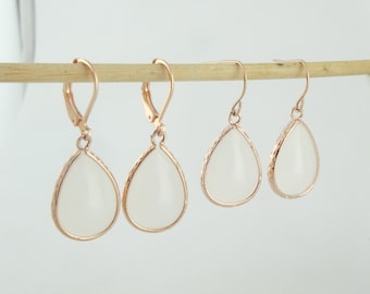 Earrings rose gold-white opal crystal moonstone drops stainless steel leverback-earwires