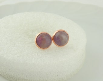 Stud earrings rose gold purple amethyst stone round minimalist 10 mm stainless steel