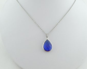 Kette Halskette Silber Blau mit Anhänger Tropfen Kristall minimalistisch Edelstahl,Hochzeitsschmuck