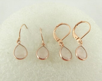 Boucles d'oreilles or rose pierre quartz rose gouttes roses mini crochets d'oreilles levier acier inoxydable