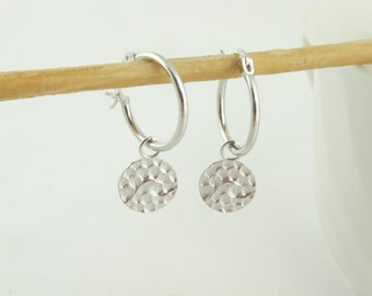 925 hoop earrings silver with pendant disc hammered minimalistic, gift