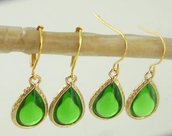 Earrings Gold Green Drop Stainless Steel