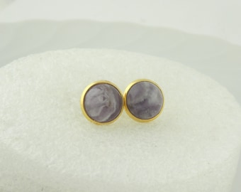 Stud earrings gold purple amethyst stone round minimalist 10 mm stainless steel