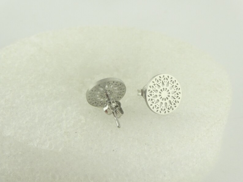 Stud earrings silver boho ornaments matt finish minimalist round 10,5mm stainless steel image 5