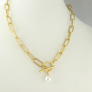 Link Chain Necklace Gold White Pearl Drop Toggle Clasp Large Linked Stainless Steel image 1