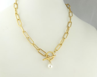 Link Chain Necklace Gold White Pearl Drop Toggle Clasp Large Linked Stainless Steel