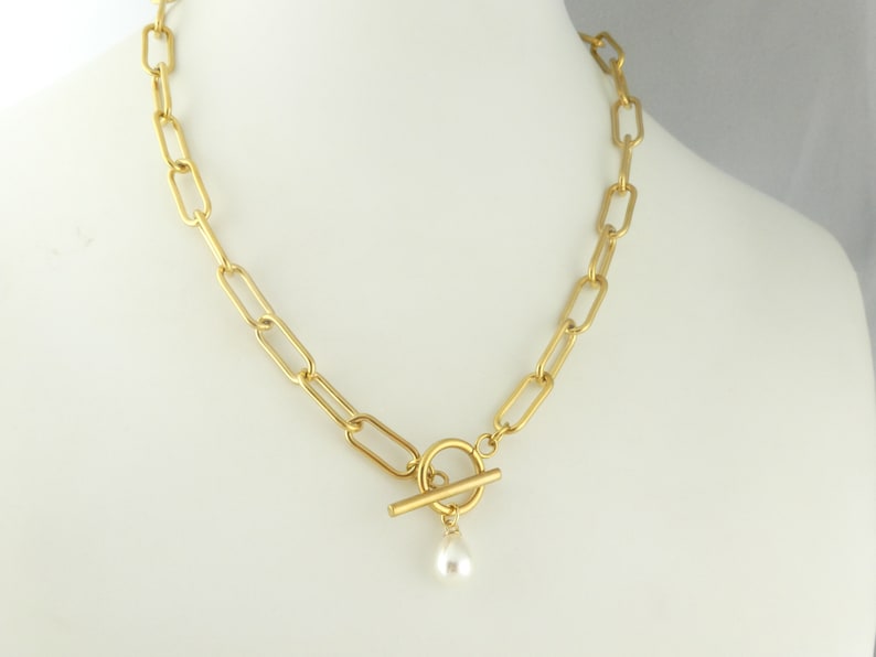 Link Chain Necklace Gold White Pearl Drop Toggle Clasp Large Linked Stainless Steel image 1