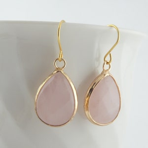 Earrings gold rose quartz stone pink drops stainless steel leverback-earwires Edelstahl Ohrhaken