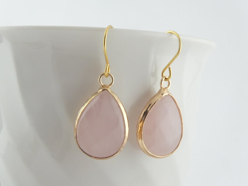 Earrings gold rose quartz stone pink drops stainless steel leverback-earwires Edelstahl Ohrhaken