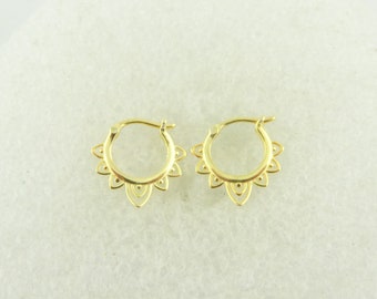 Pendientes de aro 925 oro hoja boho redondo minimalista 13 mm, pendientes de aro pequeños