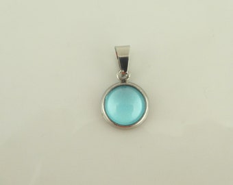 Pendant silver blue turquoise stone round mini 8 mm stainless steel
