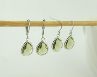 Earrings Drop Earrings Silver Green Olive Green Drop Crystal Stainless Steel Leverback-Earwires