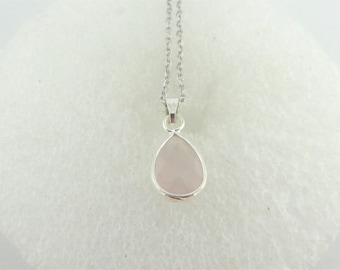 Chain necklace silver rose quartz stone pink drop crystal stainless steel,Gift