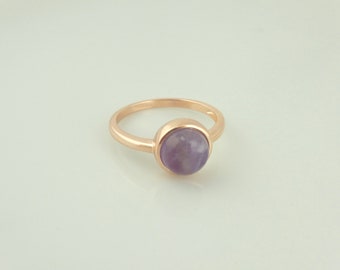 925 Sterling Silver Ring Rose Gold Purple Amethyst Stone Round Thin Minimalist Gift