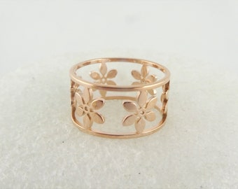 Ring rose gold blossom flowers flower wide round stainless steel,gift sister