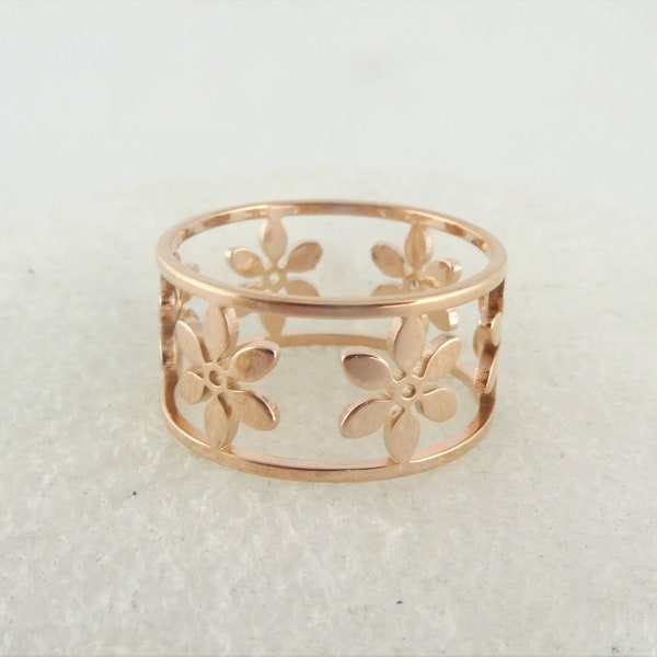 Ring rose gold blossom flowers flower wide round stainless steel,gift sister