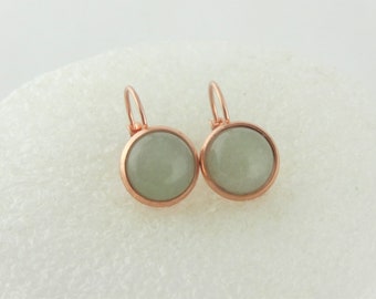 Cabochon earrings rose gold-jade green aventurine stone round minimalist 10mm stainless steel