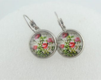 Cabochon Ohrringe Ohrhänger Silber Weiss Rot Blumen Blume rund 12mm Edelstahl