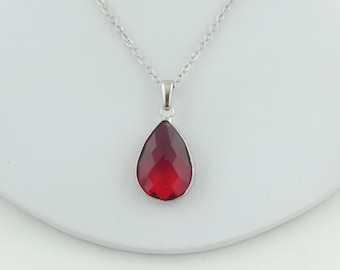 Collier chaîne argent rouge vin rouge avec pendentif goutte cristal acier inoxydable, bijoux de mariage