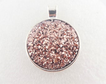 Cabochon pendant silver-rose gold faux druzy round 25mm,gift