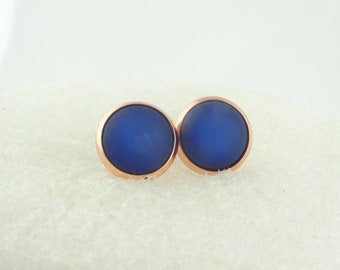 Cabochon Ohrstecker Ohrringe Rosegold-Blau Dunkelblau matt Polaris rund minimalistisch 10mm Edelstahl