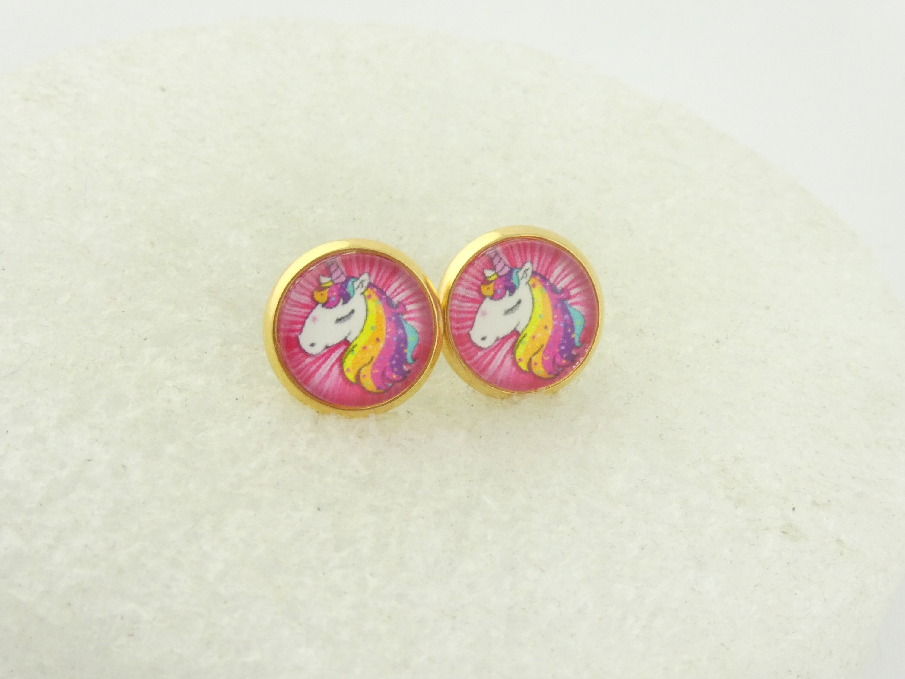 Cabochon Ear Stud Earrings Gold Unicorn Round Minimalist