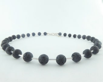 Kette Halskette Silber-Schwarz Lava minimalistisch 8mm,Hochzeitsschmuck,Collier schwarz