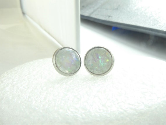 スタッドピアス、シルバー、ホワイトオパール、10mm、ステンレス 