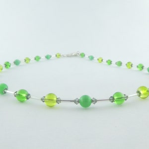 Chain necklace silver-green-light green opal minimalistic glass beads Cat Eye 6mm image 1