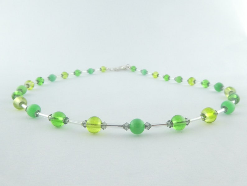 Chain necklace silver-green-light green opal minimalistic glass beads Cat Eye 6mm image 1