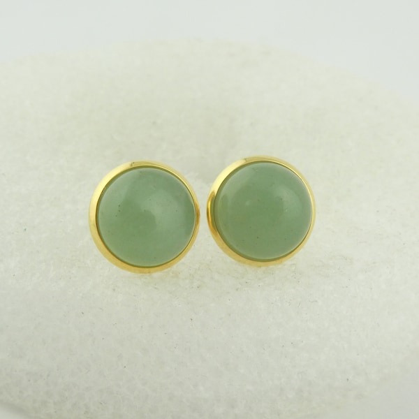 Cabochon stud earrings gold-jade green aventurine stone round minimalist 10mm stainless steel