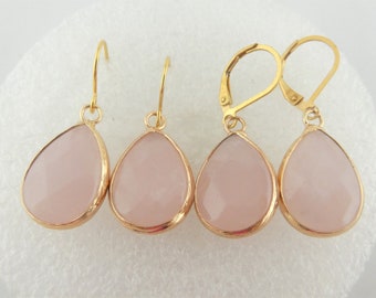 Earrings gold rose quartz stone pink drops stainless steel leverback-earwires