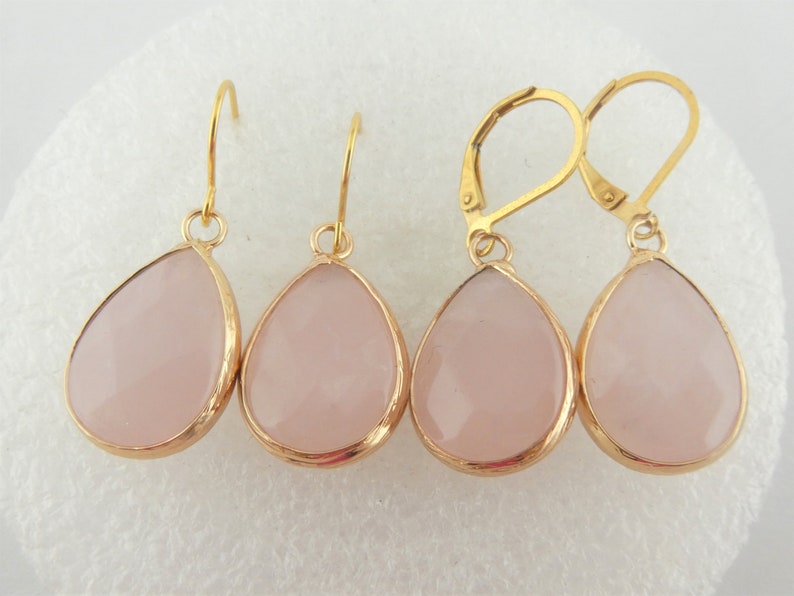 Earrings gold rose quartz stone pink drops stainless steel leverback-earwires image 1