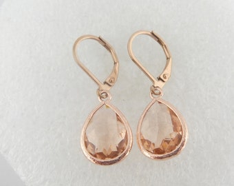 Earrings rose gold peach crystal drops stainless steel leverback
